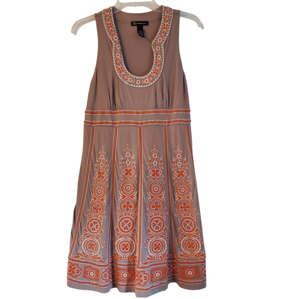 INC International Concepts‎ Dress Womens Medium Taupe Orange Embroidered A-Line